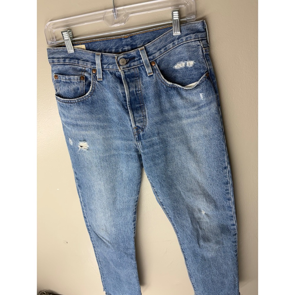 Levis Premium 501 Original High Rise Straight Leg Distressed Jeans Light Wash